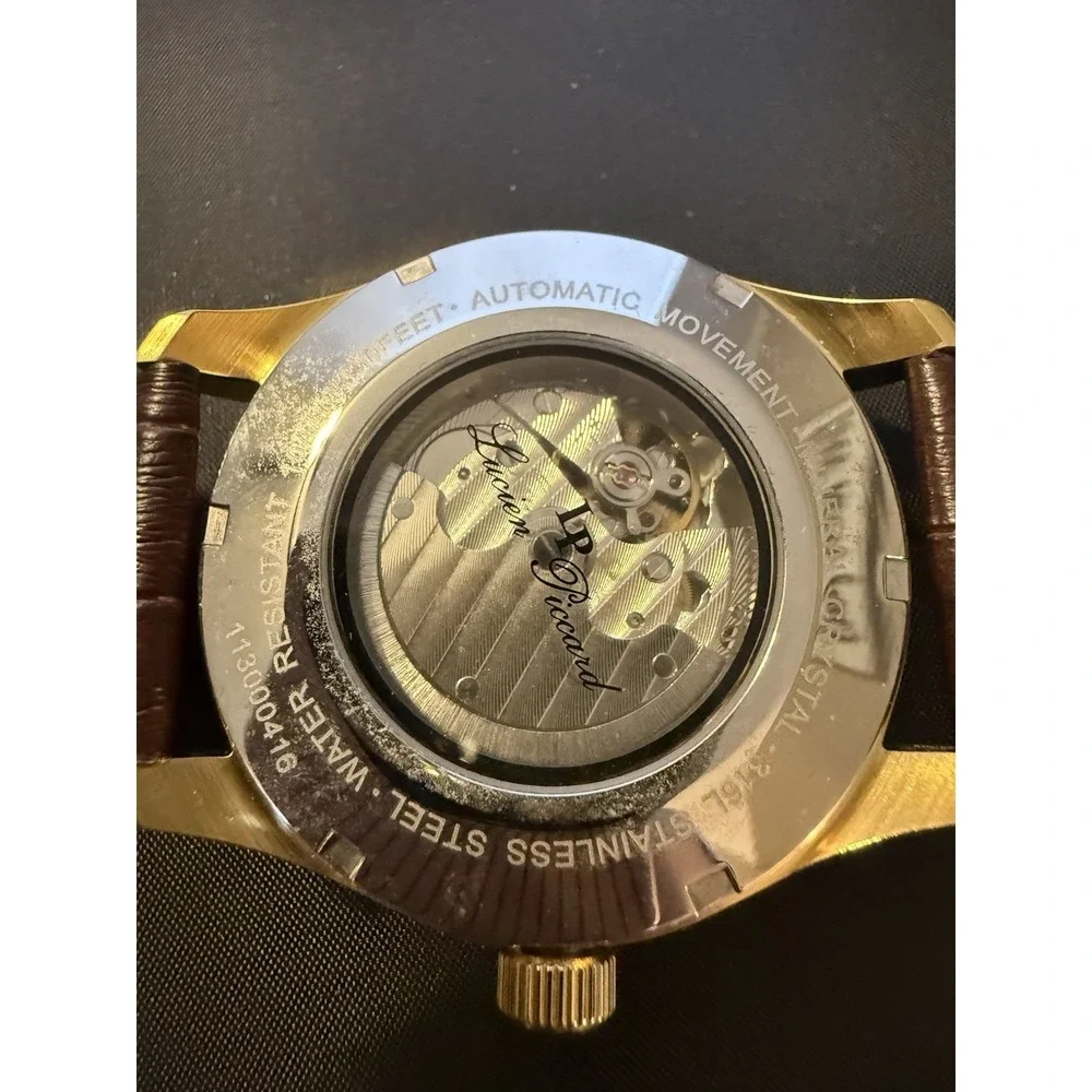 Lucien Piccard Sevilla Men's Watch Automatic Skeleton Gold Tone Leather Band